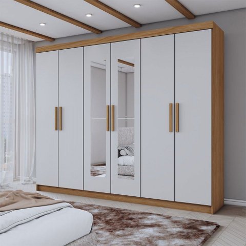 Guarda-roupa Casal Aurora 6 Portas 2 Gavetas com Espelho Marrocos/off White - Panorama Móveis