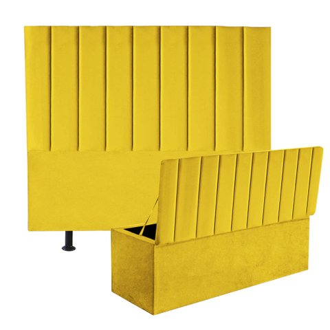 Kit Cabeceira e Calçadeira Baú Solteiro 100cm Carla Courino Amarelo - D A DECOR