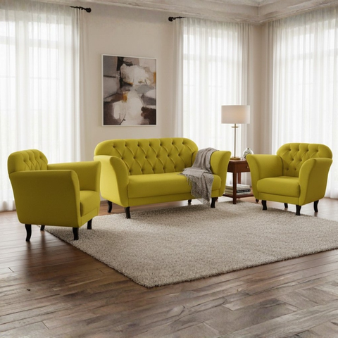 Kit Namoradeira + 2 Poltronas Decorativa Dália Couro Amarelo Pés Madeira Mz Decor