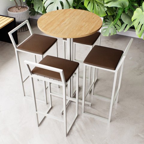Conjunto Mesa Alta Bistrô Redonda Pinus 4 Cadeiras Estofado Industrial White Don Castro
