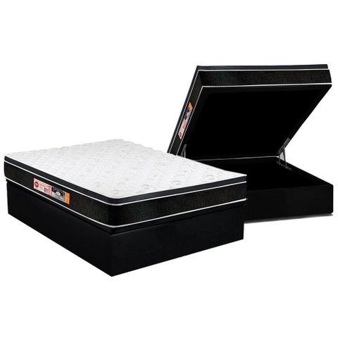 Cama Box Baú Casal: Colchão Espuma D33 Castor Black e White Air Euro Pillow + Base CRC Courano Black