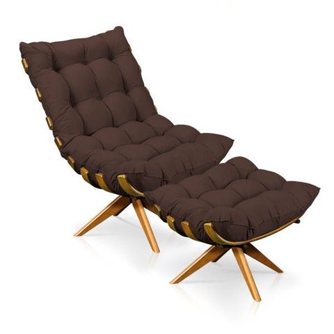 Poltrona com Puff Giratório Costela Suede Marrom Base Madeira Ma25 D'Rossi