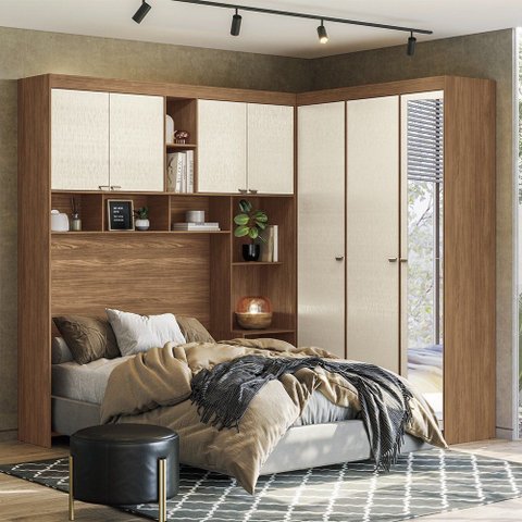 Quarto Modulado Casal Completo com Espelho 7 Portas 4 Gavetas Lugano Jatoba Areia Santos Andirá