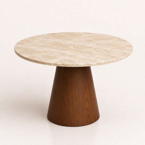Mesa de Jantar Cone Redondo 110 Cm Tampo Mármore Travertino Base Nogueira
