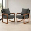Ver imagem 1 de Kit 2 Poltronas Estofadas em Linho Cinza Escuro para Sala de Estar Pés de Madeira