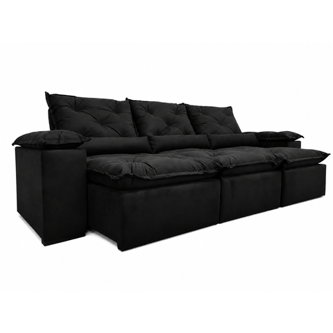 Sofá Retrátil e Reclinável 2,75m em Tecido Veludo c/ Pillow Nos Braços - Montagem Inclusa:Preto