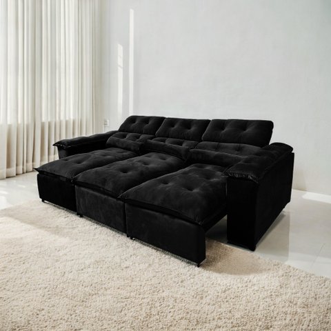 Sofá Retrátil e Reclinável 2,75m em Tecido Veludo C/ Pillow Nos Braços - Montagem Inclusa:preto