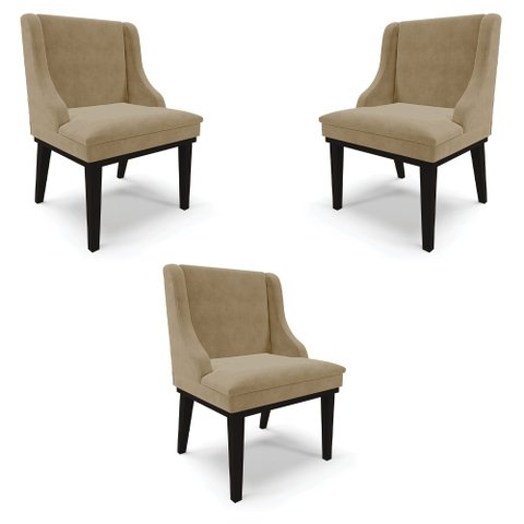Kit 3 Cadeiras Decorativas Sala de Jantar Base Fixa de Madeira Firenze Suede Nude/Preto G19 - Gran B