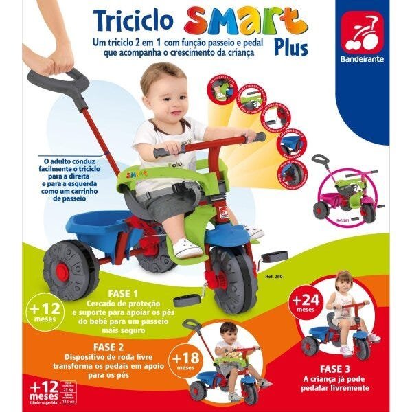 Triciclo Infantil Bandeirante Smart Plus - Vermelho+Verde