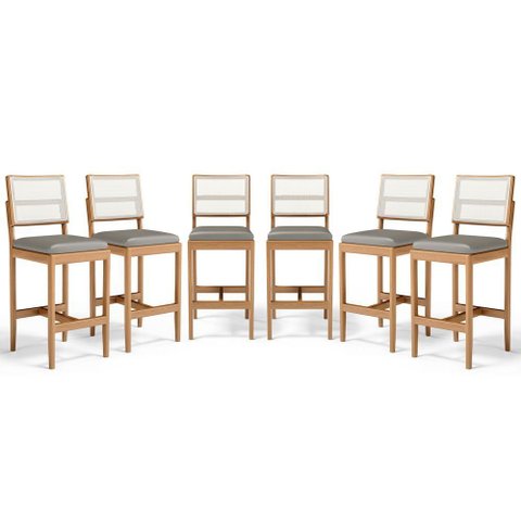Kit com 6 Banquetas Milena Madeira Maciça Assento Estofado Encosto de Tela Sintética Veludo Chumbo 1