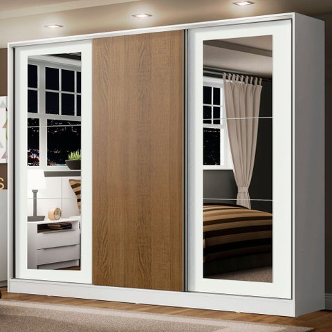 Guarda-Roupa Casal 100% MDF Madesa Eros 3 Portas de Correr com Espelhos Branco/Branco/Rustic Cor:Bra