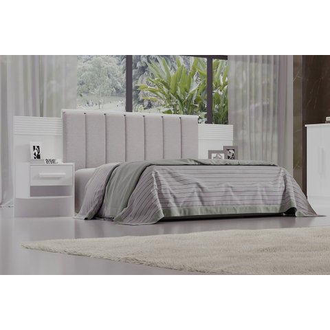 Cabeceira para Cama Queen Size Ripada Irís Estofada com 2 Mesas de Cabeceira D Doro Branco/Ripado