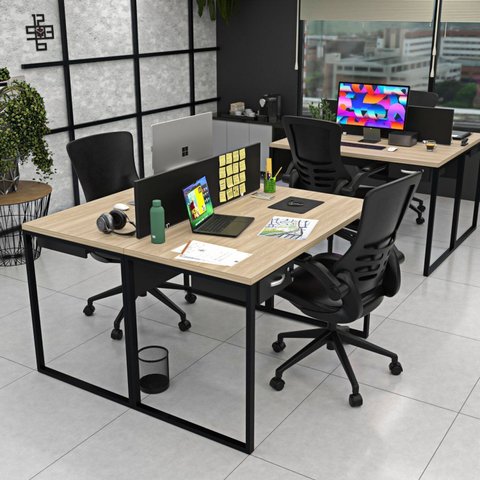 Escrivaninha Mesa Escritório com Gavetas 1 Gaveta 2 Lugares 120cm Industrial Carvalho e Preto Bege