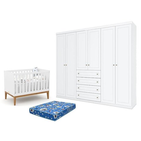 Berço Americano Unique Branco Soft Eco Wood - Matic e Guarda Roupa Casal Americano 6 Portas Branco H