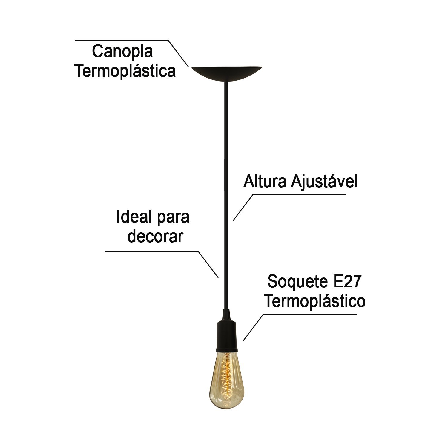 Luminária de Teto Pendente Lustre Simples Preto Plástico Soquete E27 - 4