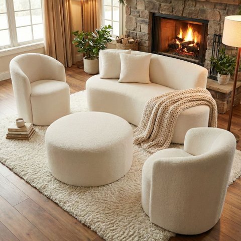 Conjunto 02 Poltronas + Sofá e Puff Curvo Orgânico Nature Gaia Boucle Bege - Montanaris Decor