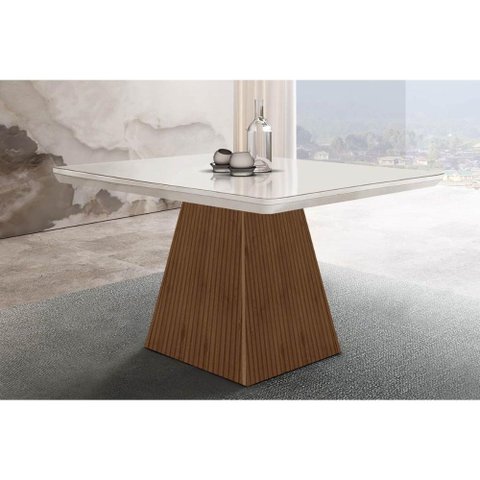 Mesa de Sala Jantar Luna + Tampo Madeirado Vidro Curvo 90x90cm Off White/Imbuia Ripado-Vidro Off