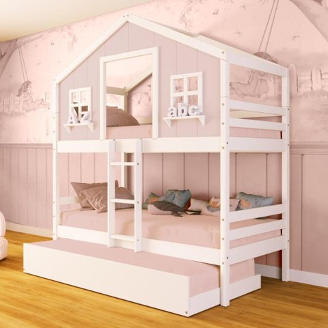 Treliche Casinha Dos Sonhos Madeira Maciça Rosa/ Branco Megamobilia