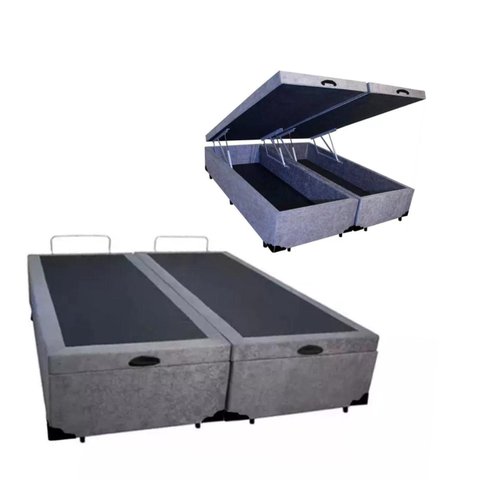 Cama Báu Box Base King Bipartido Suede Cinza Blindado com Pistão a Gás.