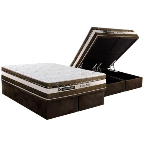 Cama Box Baú King: Colchão Molas Ensacadas Luckspuma Esplendor + Base Crc Suede Brown (193x203)
