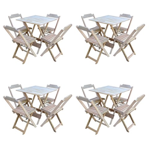 Kit 4 Conjuntos de Mesa com 4 Cadeiras de Madeira Dobrável 70x70 sem Pintura/Crua