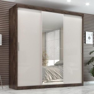 Guarda-roupa Casal 3 Portas de Correr com Espelho e 2 Gavetas Paris