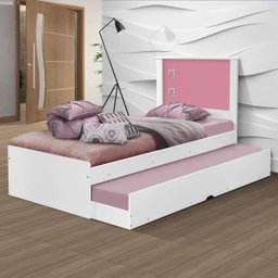 Cama Com Auxiliar Solteiro Branca E Rosa - 1