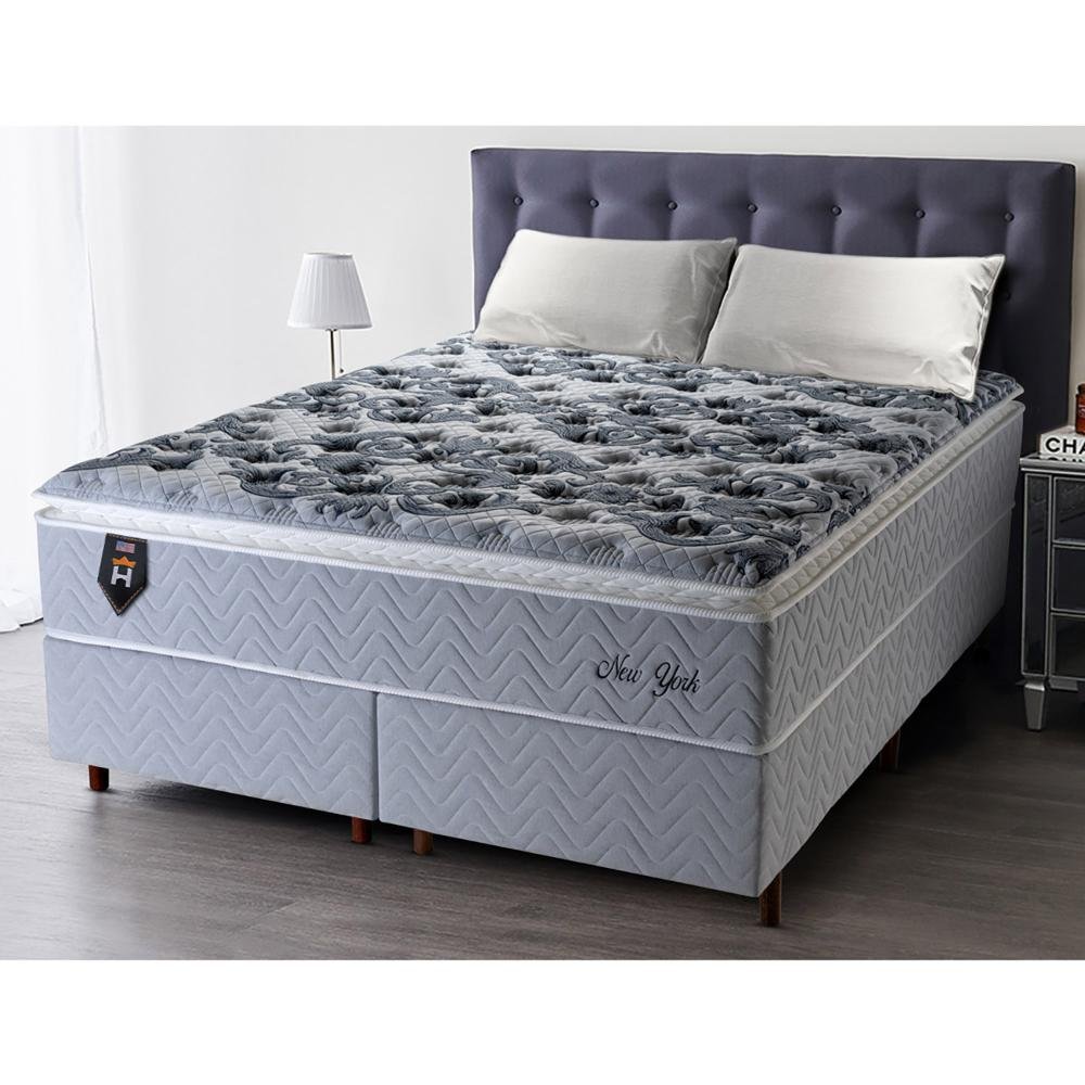 Conjunto Cama Box King Size New York 193x203x71 Cinza/Azul c