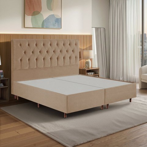 Kit Cama Box King e Cabeceira Estofada Capitonê Bege Realeza Espresso Móveis Dourado
