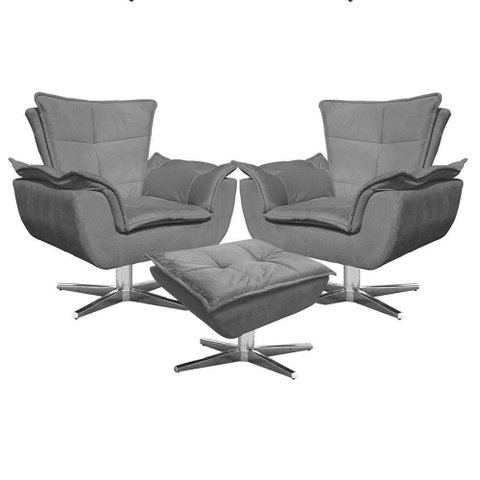 Kit 2 Poltronas Decorativas Base Giratória Cromada com Puff Opla Suede Grafite - Ibiza