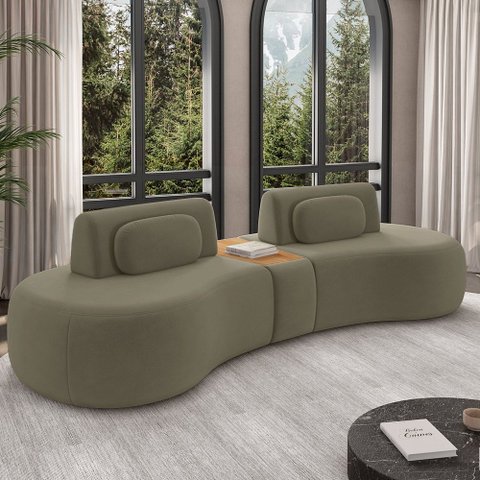 Sofá Sala de Estar Modulado França 302cm com Encosto Articulável Mesa Central e Almofadas Veludo Cas