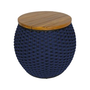 Puff Barril Alumínio Tampo Madeira Corda Náutica Azul Marinho