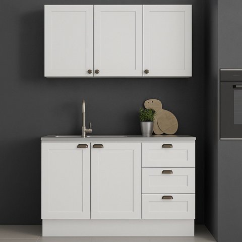 Armário Aéreo e Balcão 120cm 100% MDF Estilo Americano Provençal Branco/Fosco