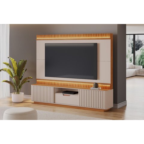 Home Atena Ideal para Tv até 85'' com Led e Portas de Correr Ripadas:off / Cinamomo