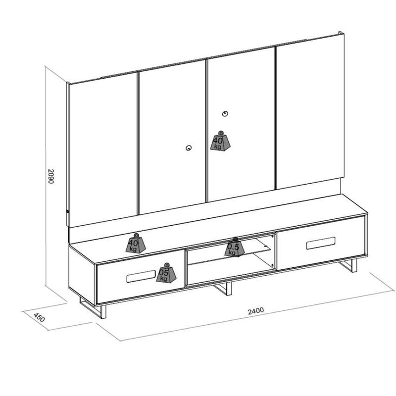 Bancada Rack com Painel 240cm com LED para TV até 75 Polegadas 2 Gavetas Madri Alecrim/Carvalho Natu - 3