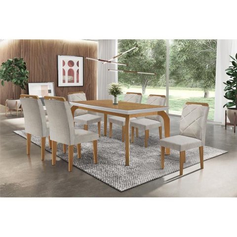 Conjunto: Mesa de Cozinha Londrina Tampo Madeirado C/ Vidro 180x90cm e 6 Cadeiras Melissa Capuccino/