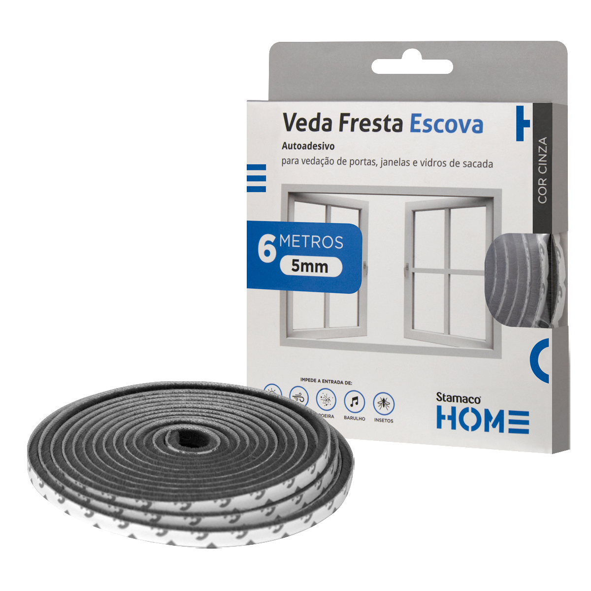 Veda Fresta Escova Protetor De Porta Janela Adesivo 5mm Cinza Stamaco Home Fita Vedação 6 Metros - 1