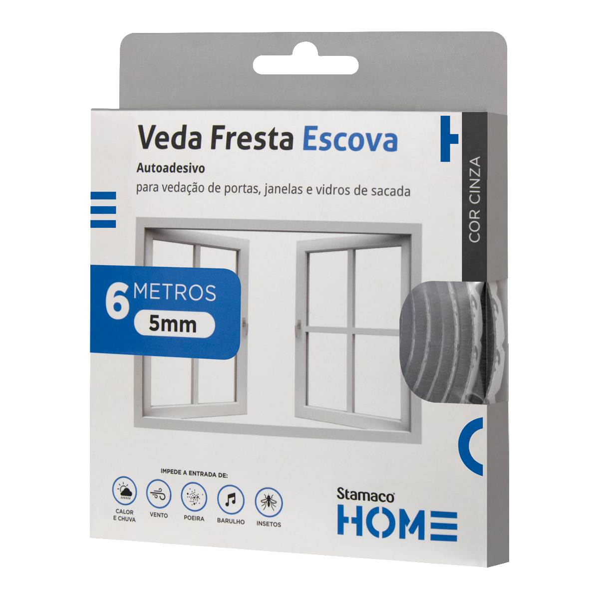 Veda Fresta Escova Protetor De Porta Janela Adesivo 5mm Cinza Stamaco Home Fita Vedação 6 Metros - 6