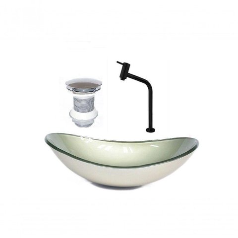Cuba de Vidro Oval 47cm Champanhe + Valvula + Torneira Preta