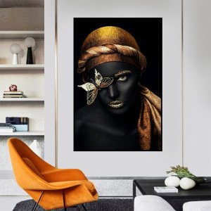 Quadro Canvas Pint Abst. Mulher Negra Dourado 90x60
