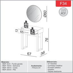 Penteadeira Estilo Industrial 67cm com Espelho Redondo 100% Mdf F34 Dalla Costa Off White - 2