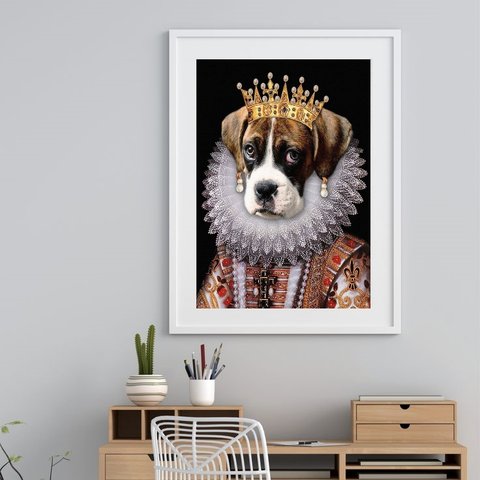 Quadro Cão Boxer Vestido Rainha - 60x48cm:madeira Preta