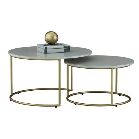 Mesa de Centro Redonda Girassol Kit Sala com Vidro Fendi e Base Aço Carbono Dourado Light