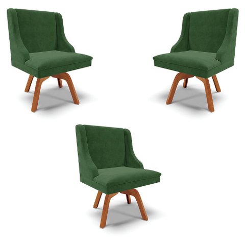 Kit 3 Cadeiras Decorativas Sala de Jantar Base Giratória de Madeira Firenze Suede Verde Esmeralda/Na
