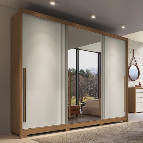 Guarda Roupa Casal 3 Portas de Correr Espelho New Guarapari - Jequitibá/offwhite