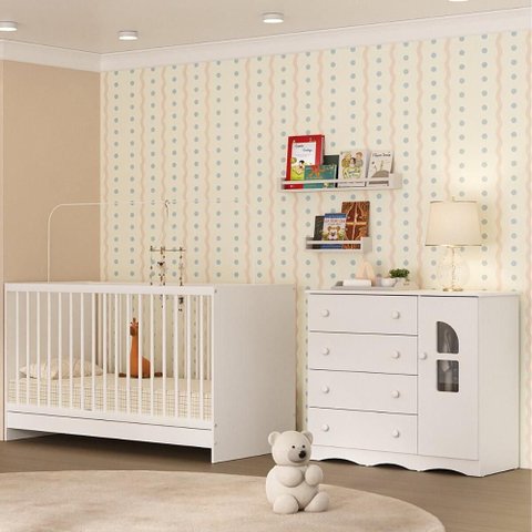 Berço 3 em 1 para Colchão 130x60cm com Cômoda 1 Porta 4 Gavetas Liz Multimóveis Mp4761 Branco