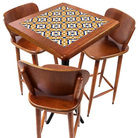 Cj Mesa Madeira Azulejo 60x60cm - Bistrô Fixa 98cm + 3 Banquetas 73 - Natural - Anos Dourados