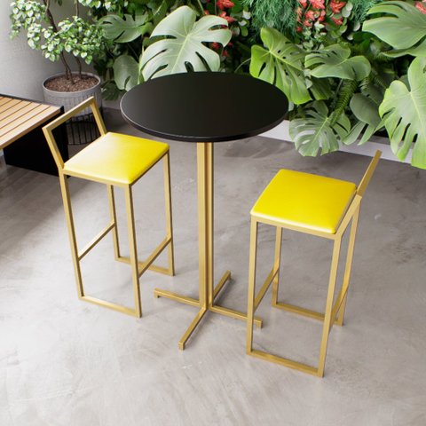 Jogo Mesa Alta Bistrô Redonda Preta 2 Banquetas Estofado Confort Industrial Dourado Don Castro Decor