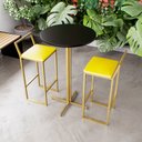 Ver imagem 1 de Jogo Mesa Alta Bistrô Redonda Preta 2 Banquetas Estofado Confort Industrial Dourado Don Castro Decor