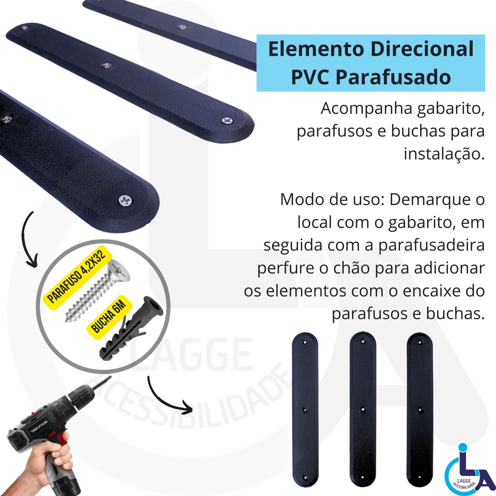 Elemento Tátil Direcional Pvc Parafusado Preto - 2